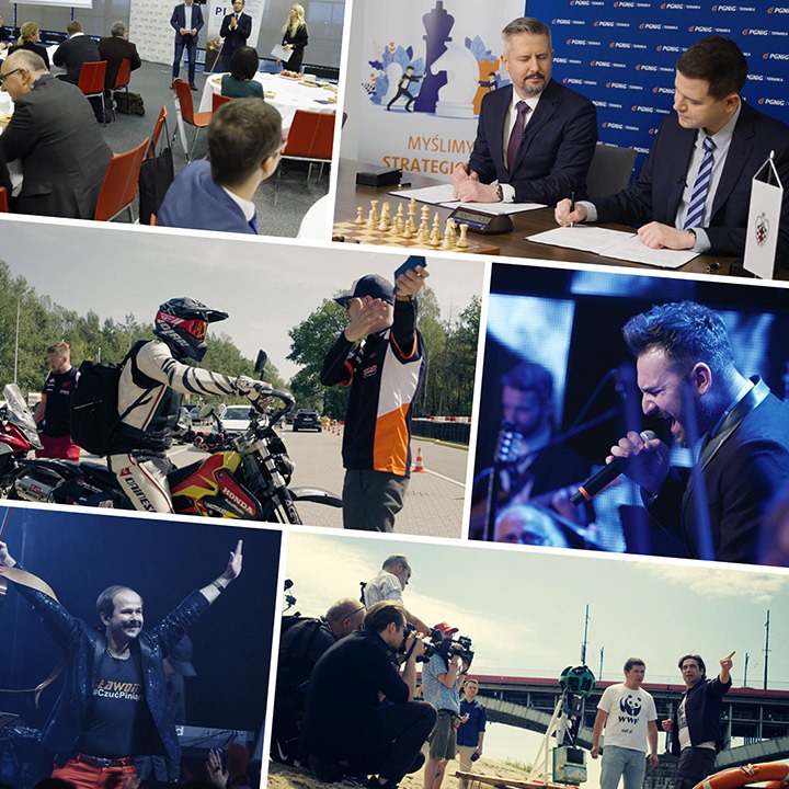 Mozaika zdjęć przedstawiająca różne sceny: spotkanie biznesowe, podpisanie umowy przy szachownicy, motocyklista na torze, piosenkarz na scenie, ekipa filmowa kręcąca ujęcia na plaży.