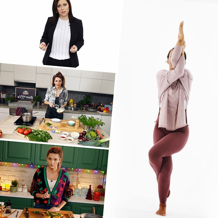 Kompilacja zdjęć przedstawiających kobiety w różnych scenach: bizneswoman w garniturze, dwie kobiety gotujące w kuchniach o różnym wystroju, oraz kobieta wykonująca pozycję orła w jodze na białym tle.