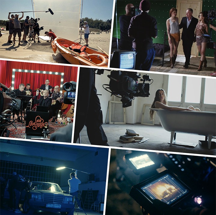 Kolaż zdjęć z różnych planów filmowych: ekipa na plaży kręci scenę z kajakiem, aktorzy przed zielonym tłem, zespół muzyczny z instrumentami, kobieta w wannie, filmowanie nocne z samochodem, monitor...