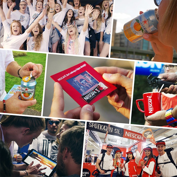 Mozaika zdjęć przedstawiająca sceny z eventu promocyjnego marki Nescafé i San Pellegrino, w tym grupę wiwatujących osób, zbliżenie na otwieranie puszki, prezentację produktu na czerwonej kartce...
