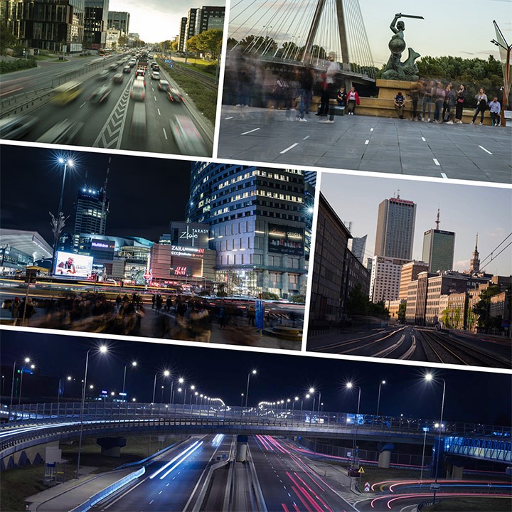 Kompozycja z kilku ujęć Warszawy: ruchliwa ulica z rozmytymi światłami samochodów, pomnik Syrenki Warszawskiej na tle mostu, nocna panorama centrum handlowego z tłumem ludzi, widok na wieżowce...