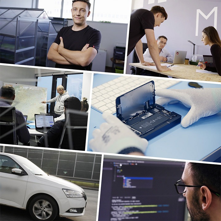 Kompozycja zdjęć przedstawiająca różnorodne usługi: portret mężczyzny na tle szklarni, praca zespołowa w biurze, analiza mapy, naprawa smartfona w rękawicach, biały samochód w ruchu...