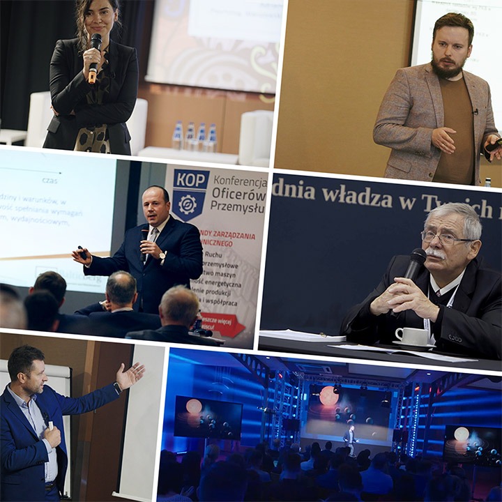 Kompozycja zdjęć z różnych konferencji i prezentacji: kobieta z mikrofonem, mężczyzna gestykulujący, prelegent z wąsami przy stole z filiżanką, widok sali konferencyjnej z ekranami.