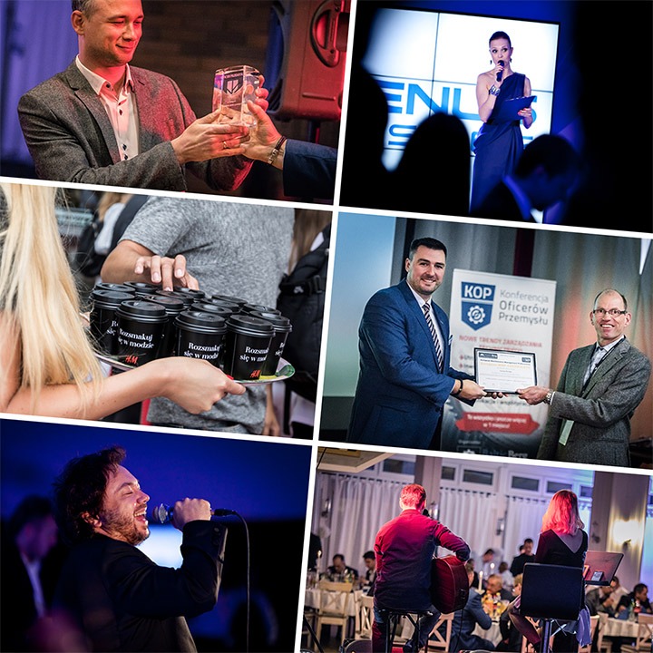 Mozaika zdjęć z wydarzenia firmowego: toast wznoszony szklanym trofeum, prelegentka na scenie, catering z logo H&M, wręczenie certyfikatu, występ wokalisty i muzyka na gitarze akustycznej podczas...