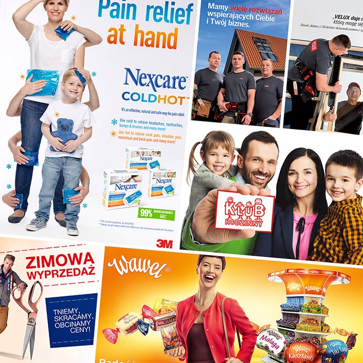 Kompozycja kolażu reklamowego zawierającego różne produkty i usługi, w tym Nexcare ColdHot, słodycze Wawel, ofertę zimowej wyprzedaży oraz dekarzy Velux, a także zdjęcie rodziny z napisem Klub...