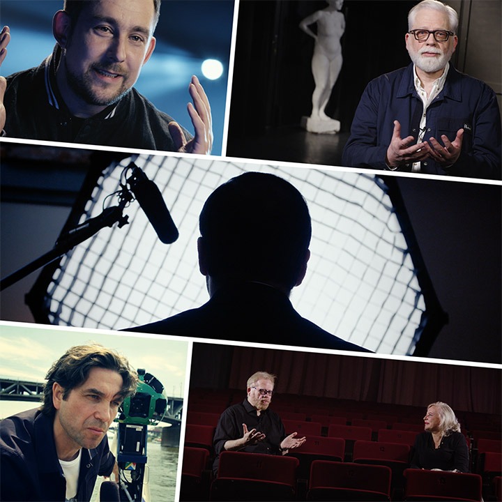 Kolaż z ujęciami z planu filmowego w Warszawie: mężczyzna gestykulujący na tle sceny, wywiad z mężczyzną na tle rzeźby, sylwetka osoby przed panelem oświetleniowym, mężczyzna z kamerą nad rzeką...