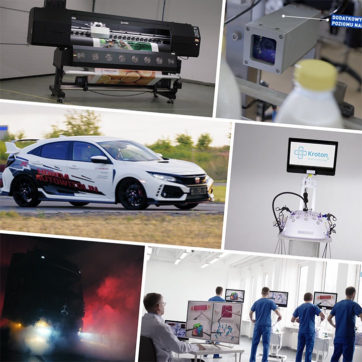 Zestawienie zdjęć: drukarka wielkoformatowa drukująca baner, system kontroli jakości z kamerą, oklejony samochód sportowy, urządzenie medyczne z ekranem dotykowym, ciężarówka w czerwonej mgle...