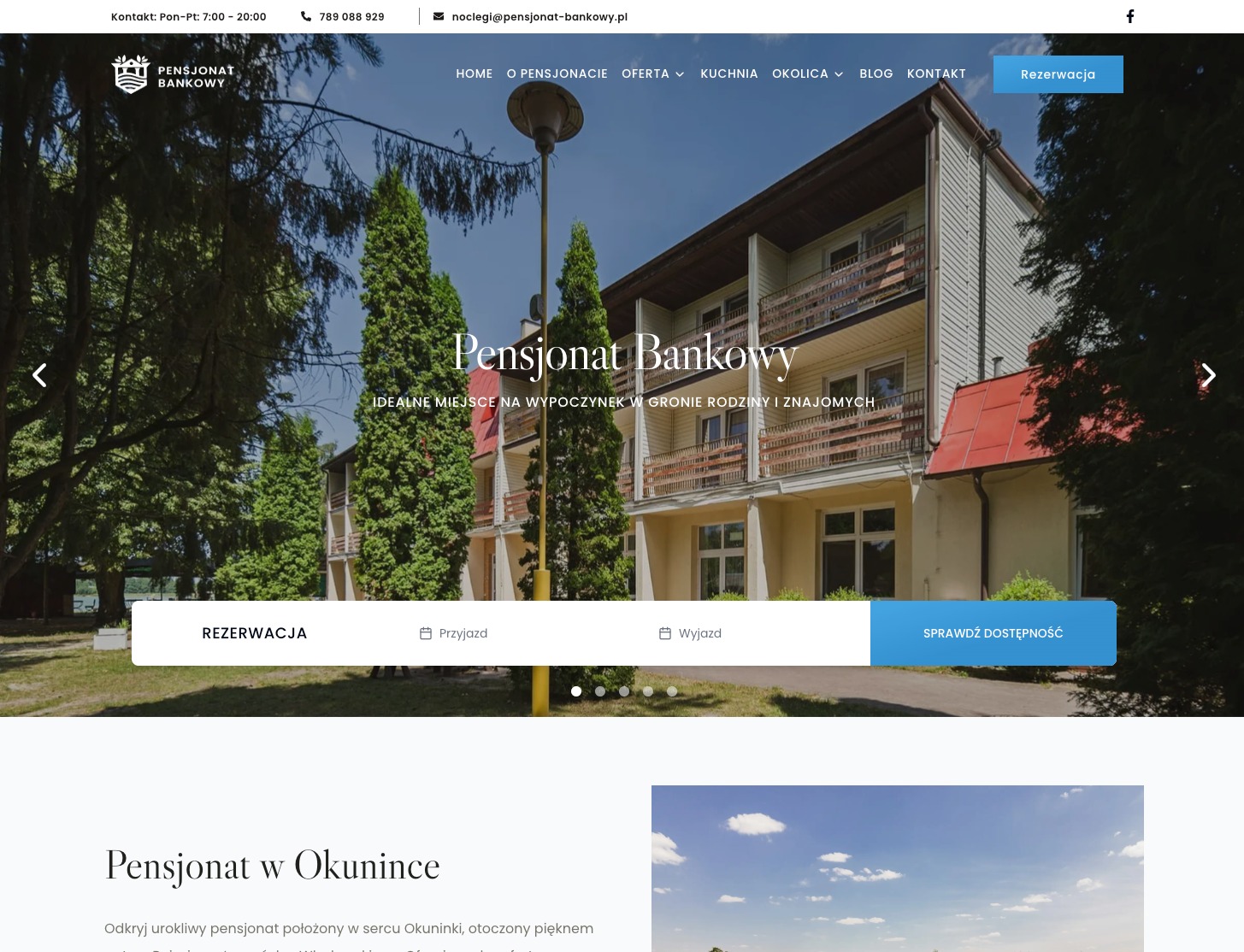 Strona internetowa pensjonatu Bankowy z widocznym budynkiem, menu nawigacyjnym i formularzem rezerwacji. Ujęcie z perspektywy użytkownika przeglądającego witrynę.