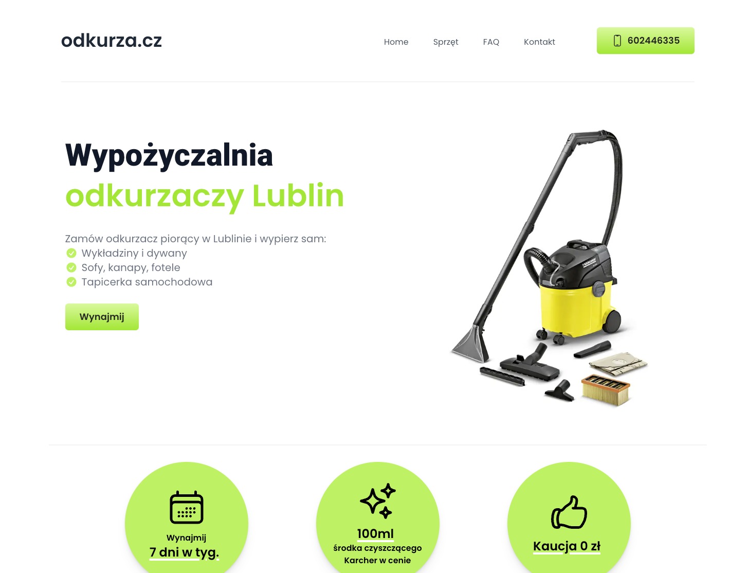 Strona internetowa wypożyczalni odkurzaczy piorących w Lublinie, z ofertą wynajmu na dywany, sofy i tapicerkę samochodową. Widoczny odkurzacz Karcher.