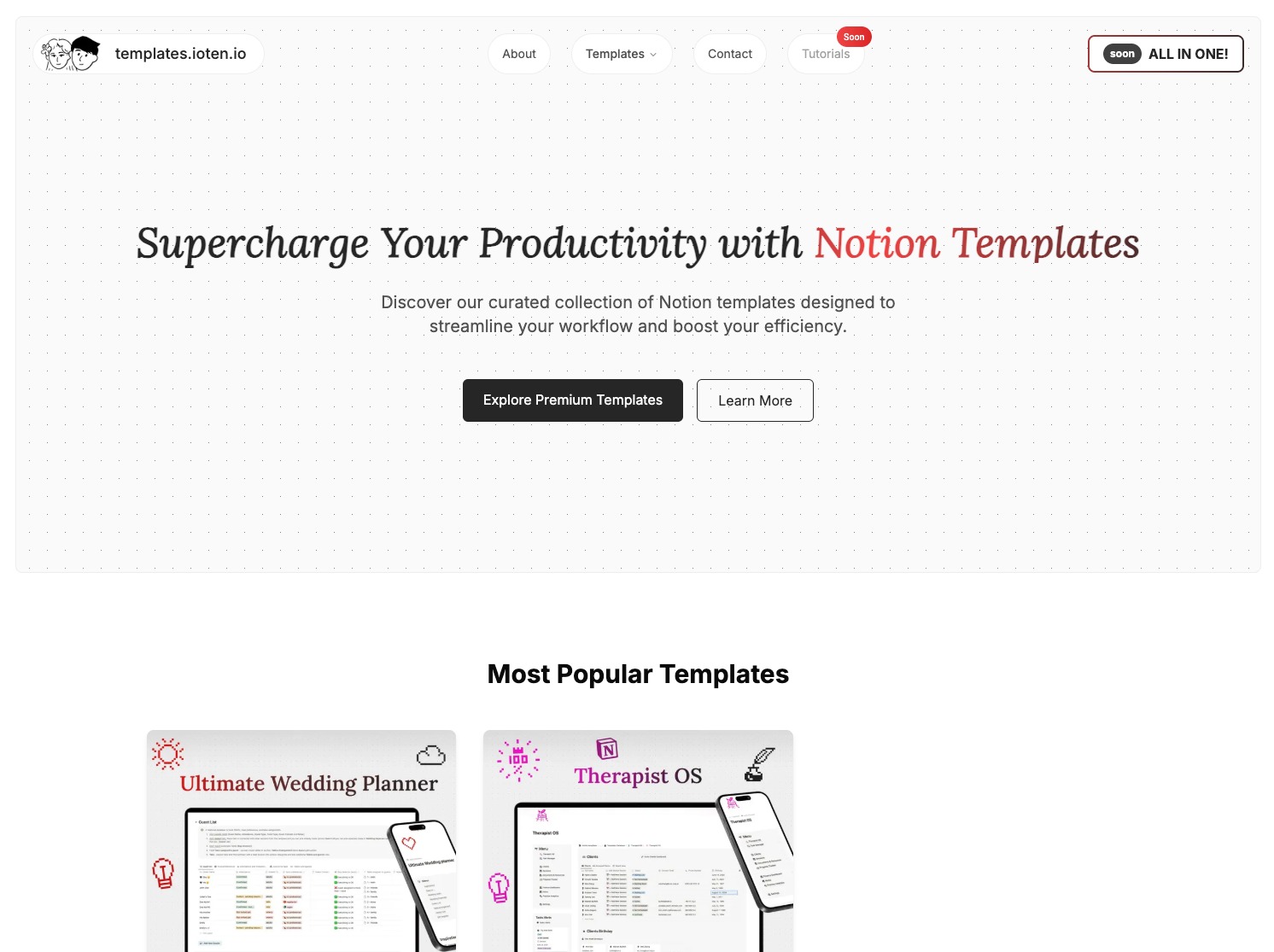 Strona internetowa z szablonami Notion: 'Supercharge Your Productivity with Notion Templates'. Prezentacja szablonów ślubnych i dla terapeutów na smartfonach.