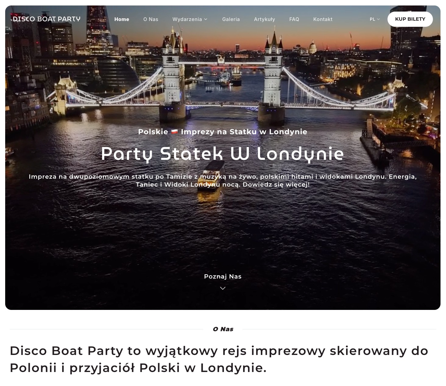 Strona internetowa z nocnym widokiem na Tower Bridge w Londynie, promująca imprezę na statku dla Polonii. Napis: Party Statek W Londynie.