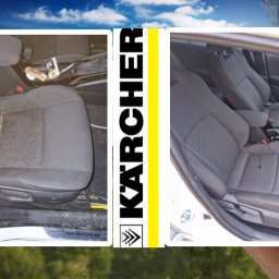 BÓBR CLEANING OLHA BEBRISA - Porównanie stanu fotela samochodowego przed i po czyszczeniu we Wrocławiu, z użyciem sprzętu marki Kärcher, widoczne wyraźne różnice w czystości tapicerki.