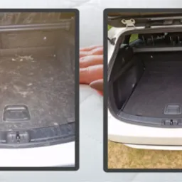 Porównanie bagażnika samochodowego przed i po czyszczeniu: po lewej silnie zabrudzony sierścią i resztkami organicznymi, po prawej czysty, z czarną wykładziną.