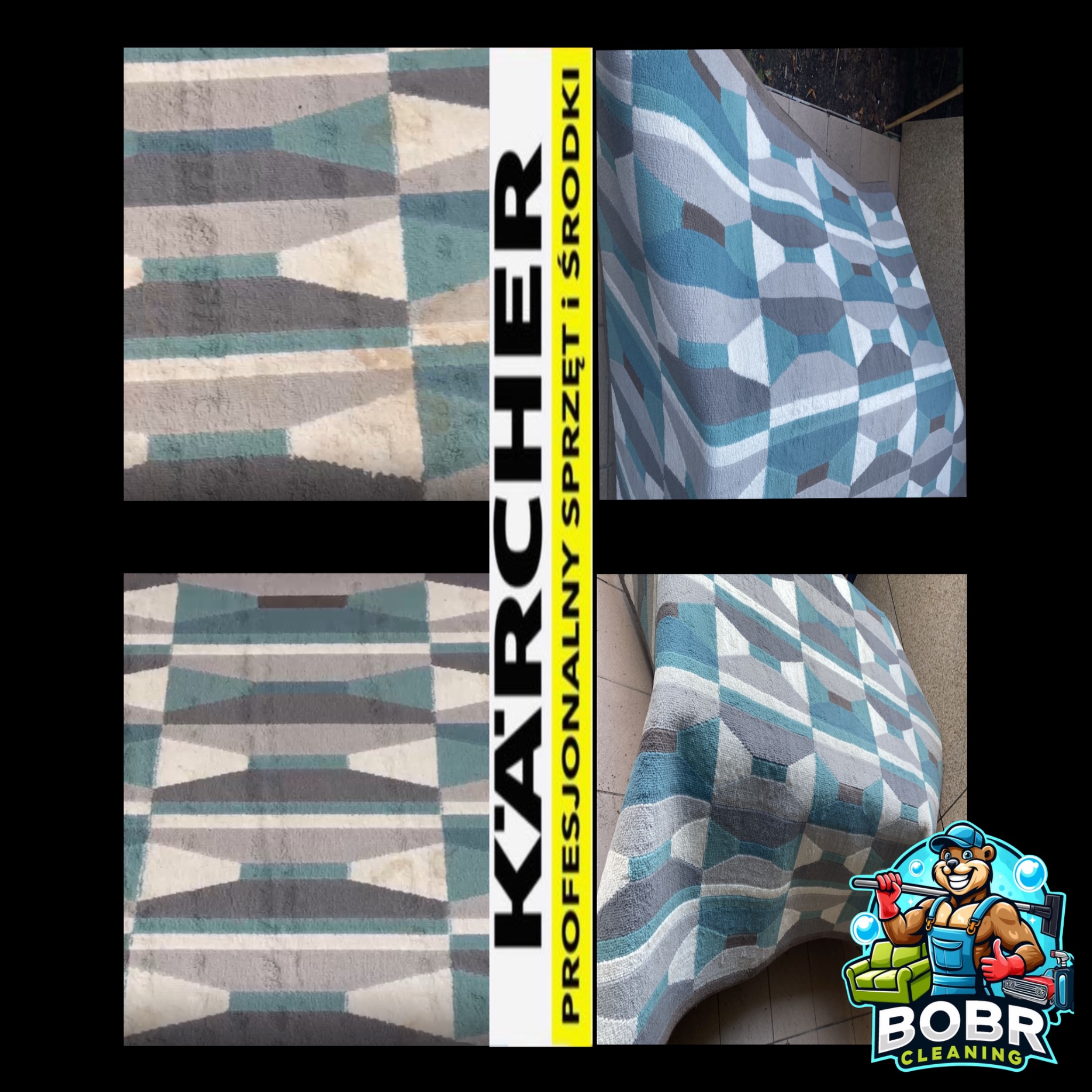 Dywan w geometryczne wzory, prezentowany przed i po czyszczeniu, z widocznym logo firmy Karcher i Bobr Cleaning.