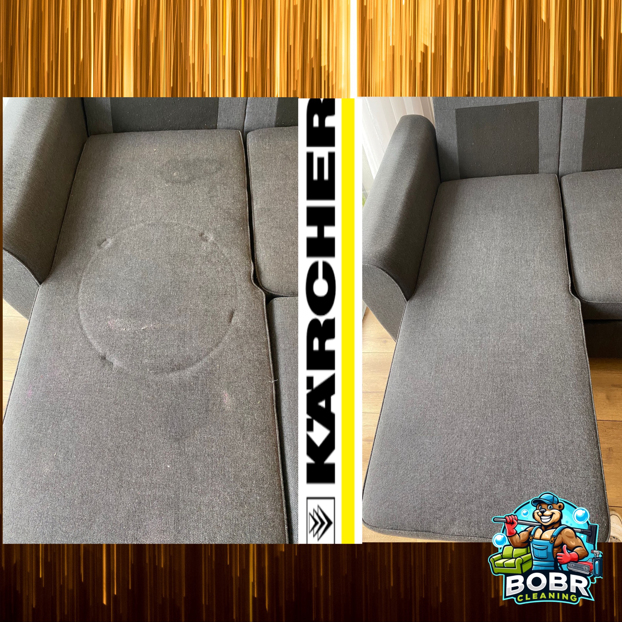 Porównanie: szara kanapa modułowa przed i po czyszczeniu, widoczne usunięte plamy, logo firmy sprzątającej w rogu.