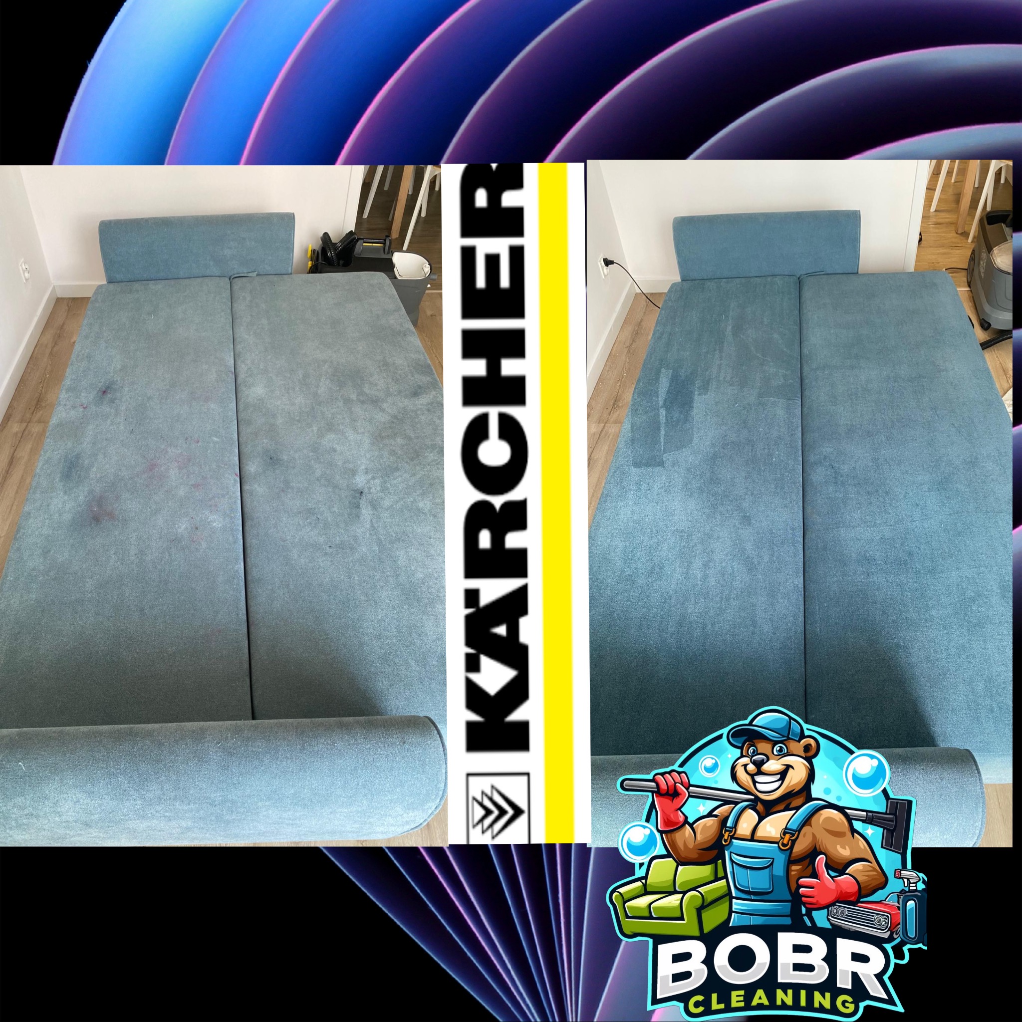 Porównanie stanu kanapy przed i po czyszczeniu, widoczne plamy usunięte, logo firmy Bobr Cleaning i Karcher w tle.
