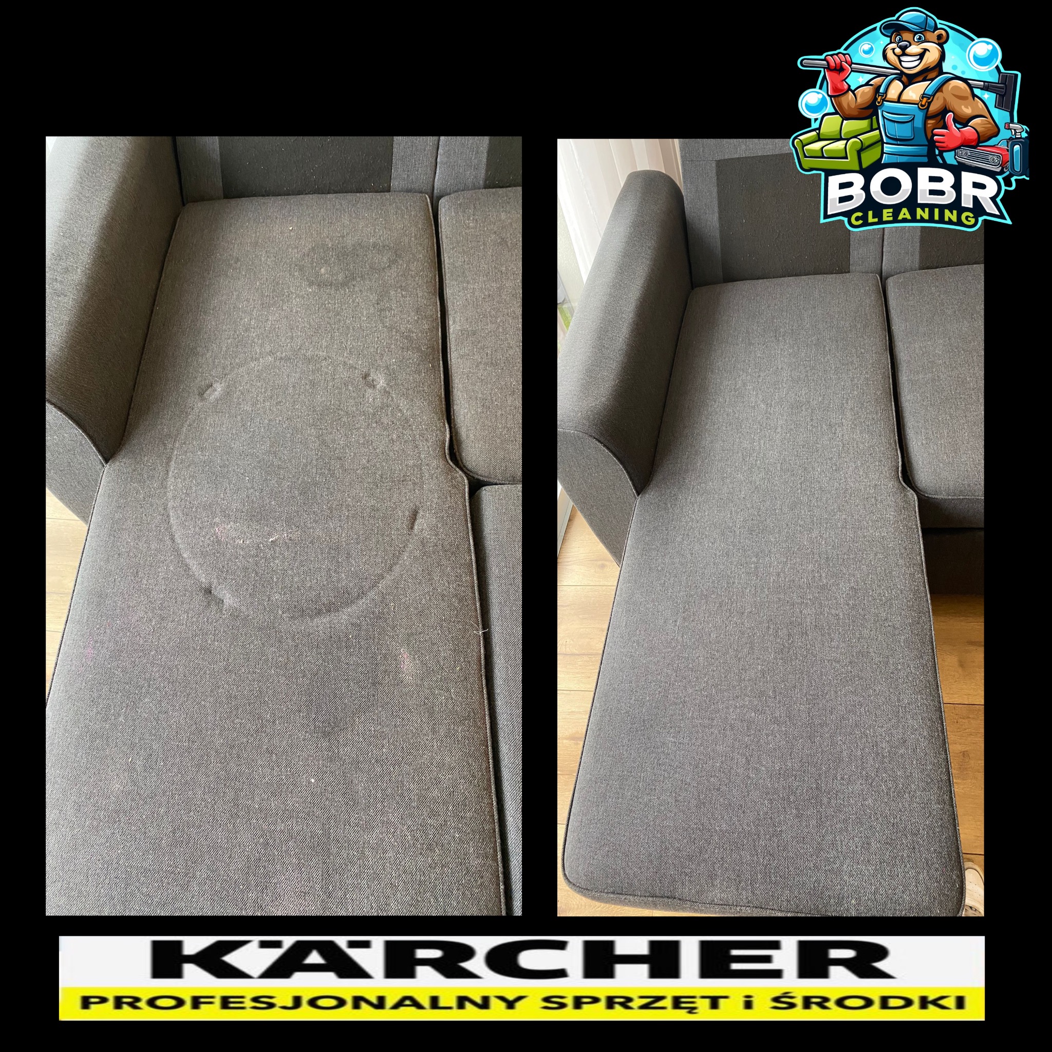 Porównanie: fragment szarej kanapy przed i po czyszczeniu, widoczna okrągła plama przed i brak plamy po, logo firmy sprzątającej w rogu.