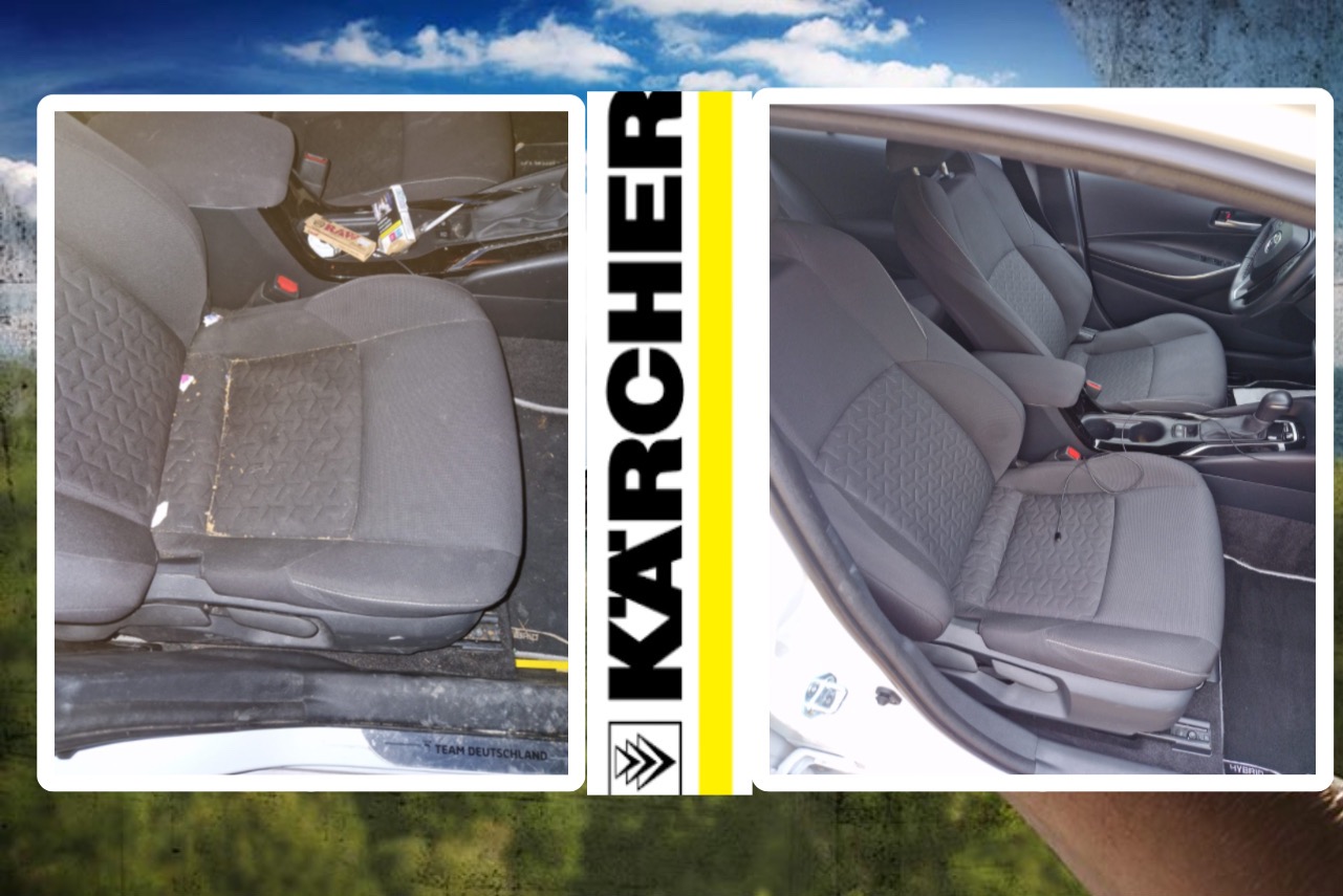 Porównanie stanu fotela samochodowego przed i po czyszczeniu we Wrocławiu, z użyciem sprzętu marki Kärcher, widoczne wyraźne różnice w czystości tapicerki.