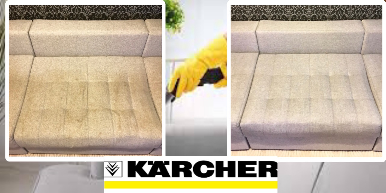 Porównanie stanu kanapy przed i po czyszczeniu, widoczna różnica w zabrudzeniach na jasnej tapicerce, w tle tapeta we wzory, w środkowej części widoczna dłoń w żółtej rękawicy podczas czyszczenia.