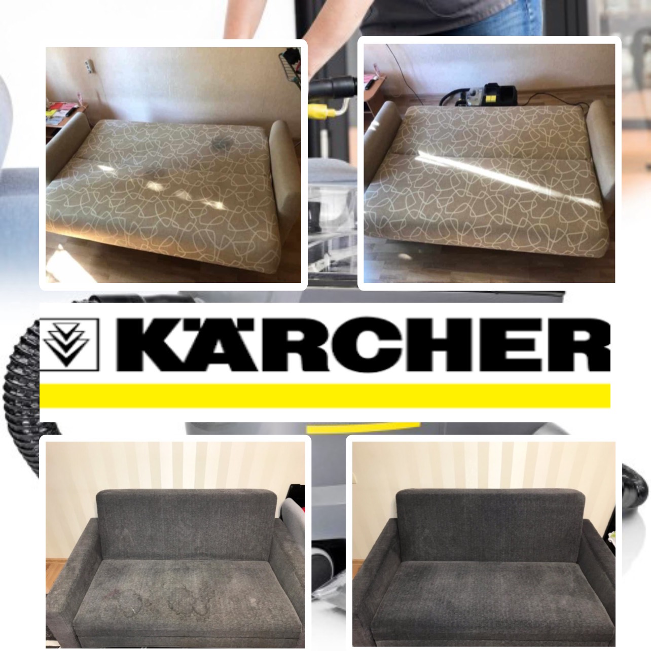Porównanie: Kanapa z beżową tapicerką przed i po praniu z użyciem odkurzacza Kärcher oraz szara kanapa przed i po czyszczeniu.