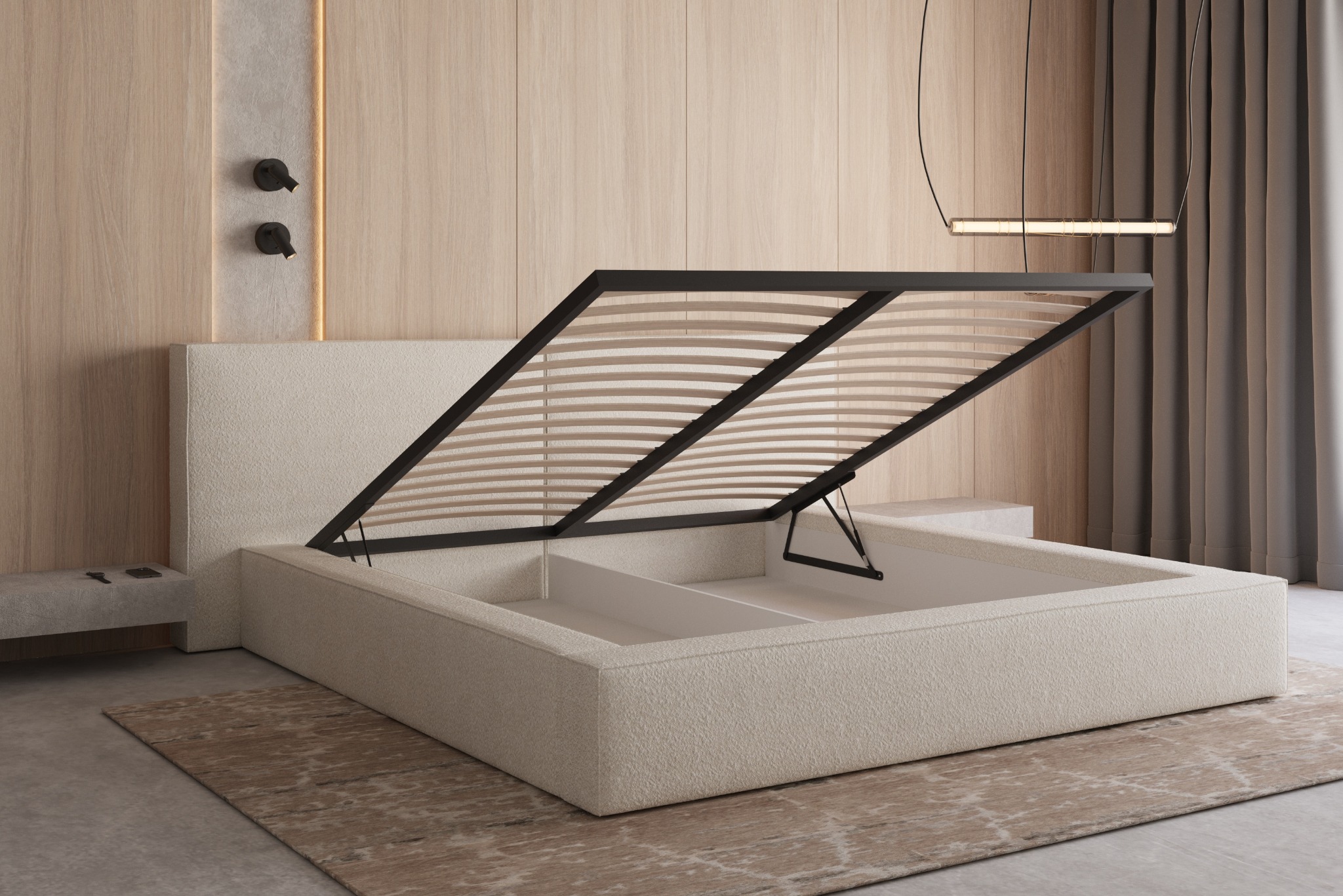 Beżowe łóżko z podnoszonym stelażem, ukazujące pojemnik na pościel, na tle drewnianej ściany z minimalistycznym oświetleniem.