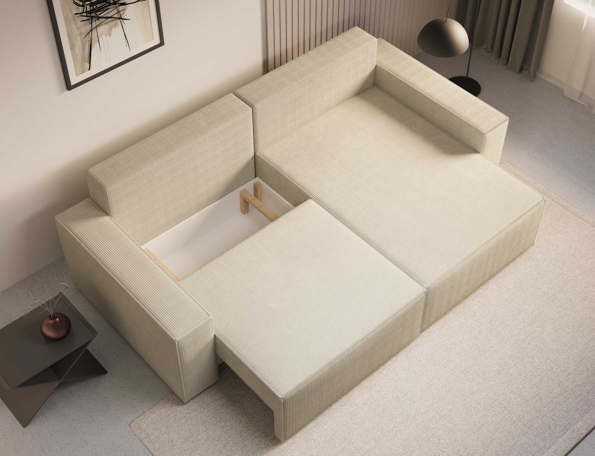 Beżowa, modułowa sofa narożna z wysuwanym siedziskiem i widocznym schowkiem, ustawiona na jasnym dywanie, widok z góry.
