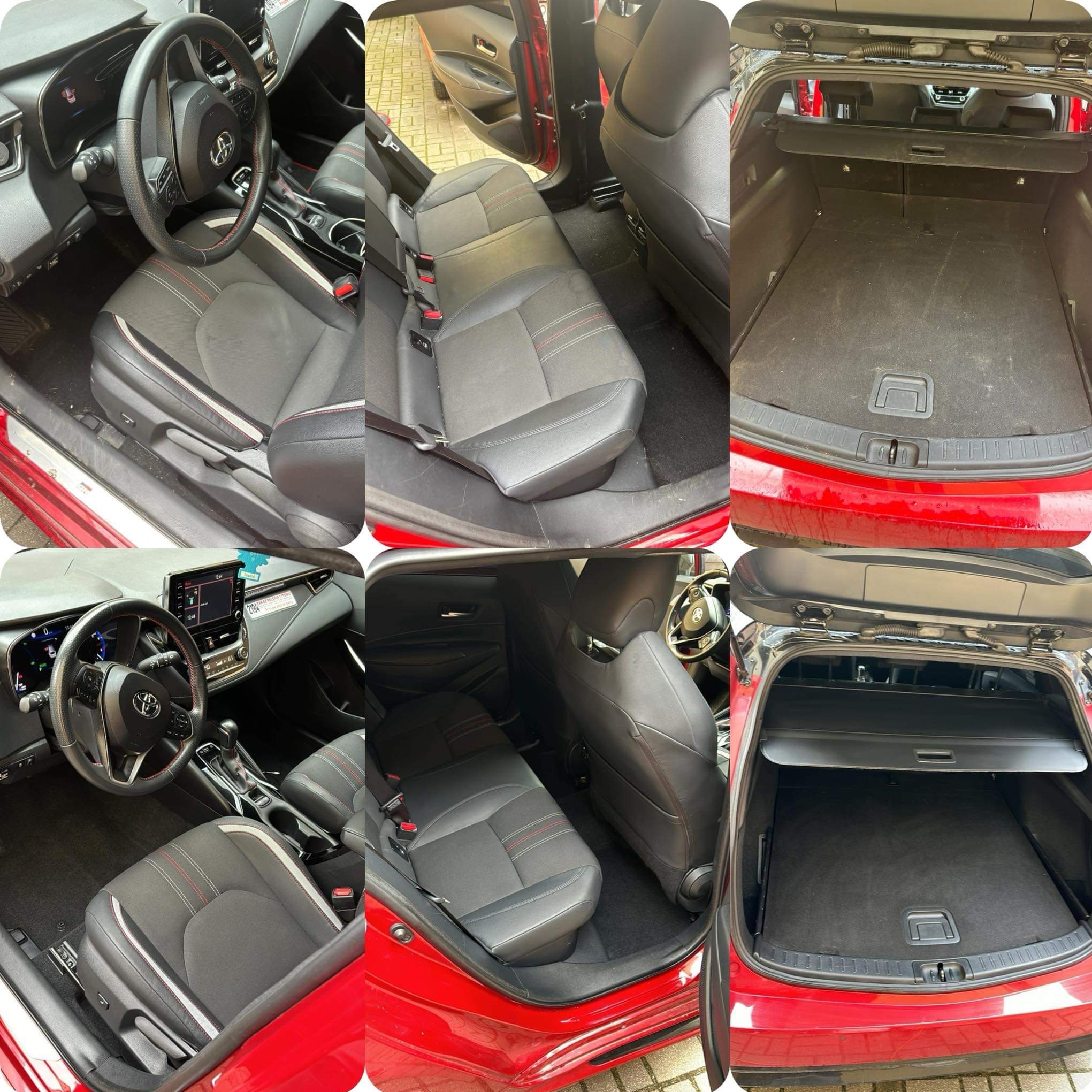 Wnętrze czerwonej Toyoty Corolla kombi: przednie i tylne siedzenia z czarną tapicerką z czerwonymi i białymi akcentami, deska rozdzielcza z ekranem dotykowym, oraz bagażnik z roletą, ukazujące stan...