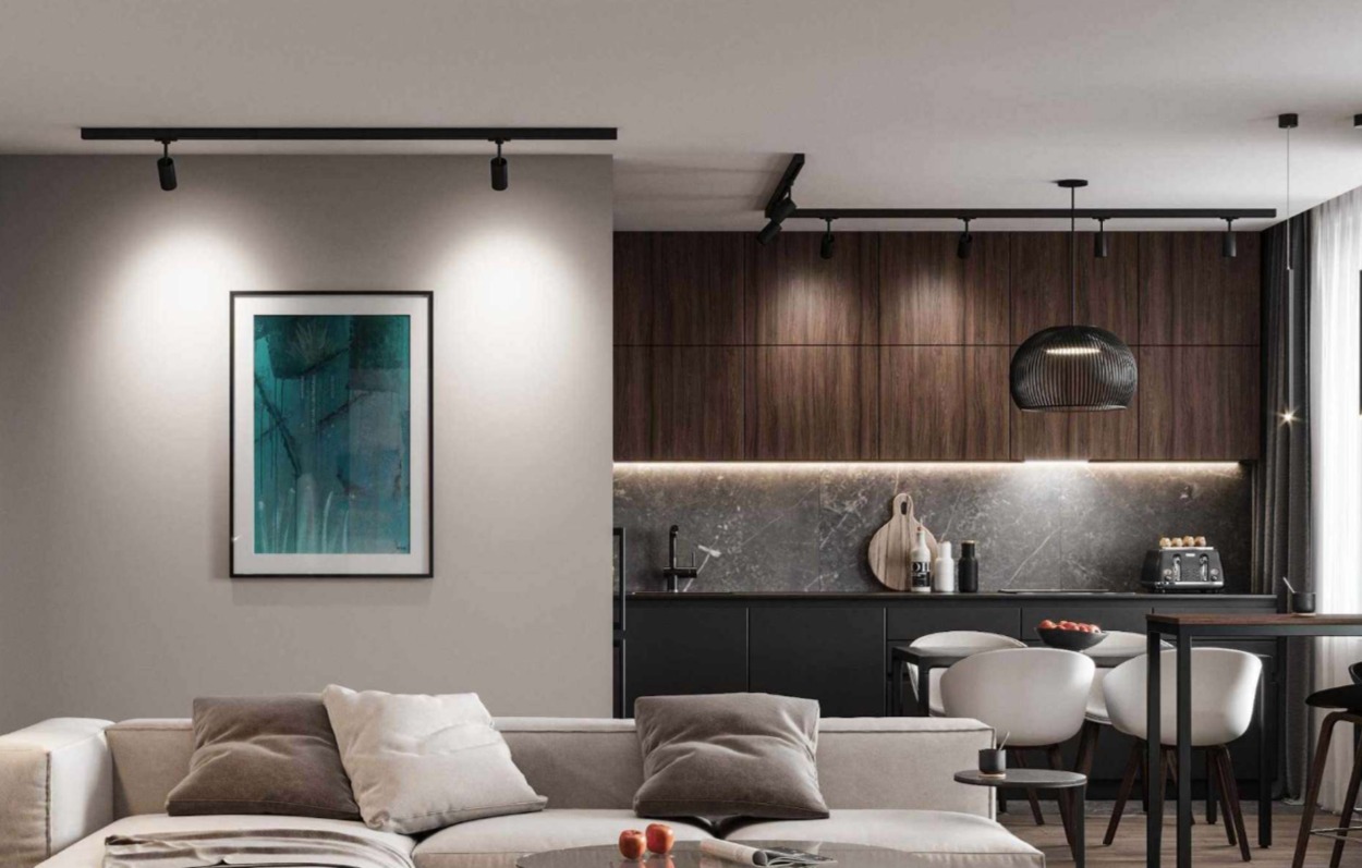 Nowoczesny salon z aneksem kuchennym oświetlony czarnymi reflektorami szynowymi, z obrazem w czarnej ramie na ścianie i szarą sofą z poduszkami.