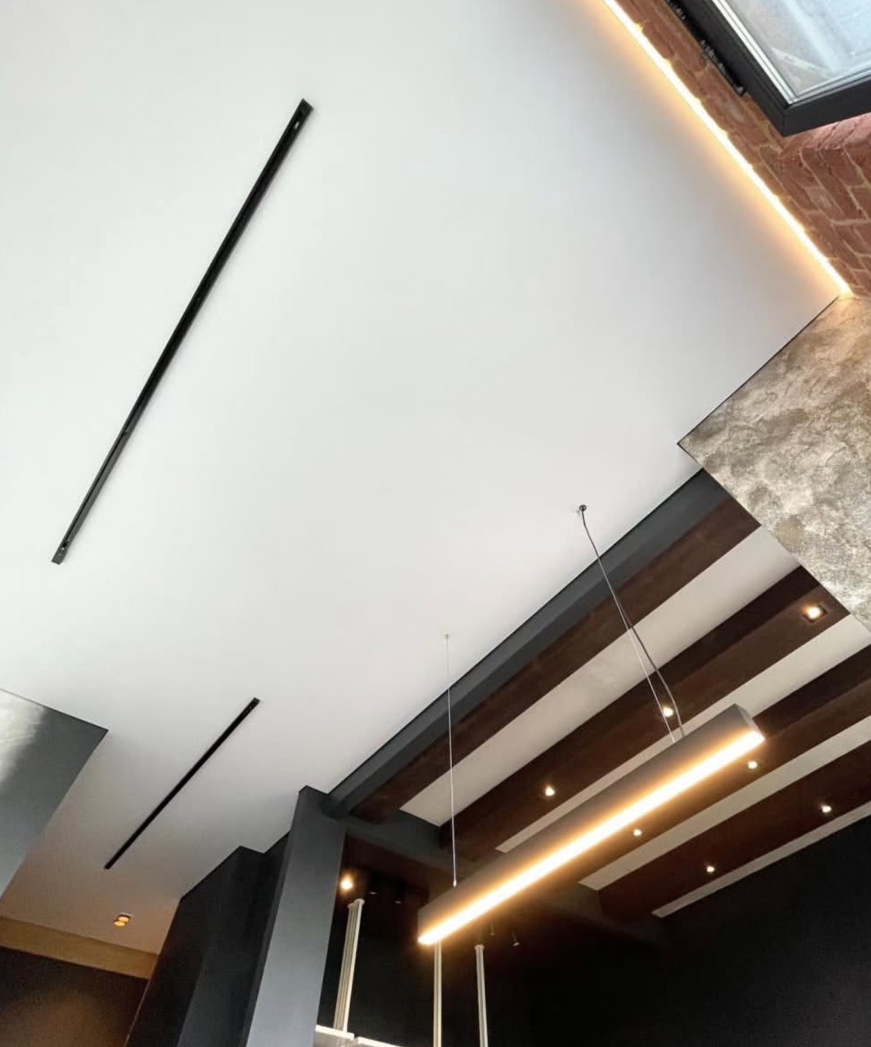 Nowoczesne oświetlenie sufitowe z czarnymi listwami i podwieszaną lampą liniową. Widok z dołu, podkreślający design i wykończenie.