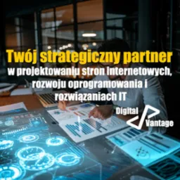 Mężczyzna w okularach analizuje wykresy na stole z interaktywnym wyświetlaczem, laptopem i lampką, w tle biuro z oknami i napisem 'Twój strategiczny partner w projektowaniu stron internetowych...