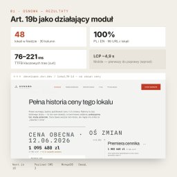 Digital Vantage - Działający moduł webowy prezentujący metryki wydajności (TTFB, LCP) oraz szczegółową historię cen lokali, z widocznymi technologiami Next.js i MongoDB.