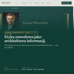 Digital Vantage - Zrzut ekranu eleganckiej strony internetowej z portretem Tomasza Wieczorka, nagłówkiem o etyce zawodowej i informacjami o projektowaniu witryn.