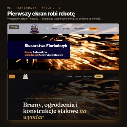 Digital Vantage - Porównanie 'przed i po' projektu strony głównej dla firmy ślusarskiej: starsza wersja z prostym menu i nowsza, minimalistyczna z nowoczesną typografią, na tle iskier.
