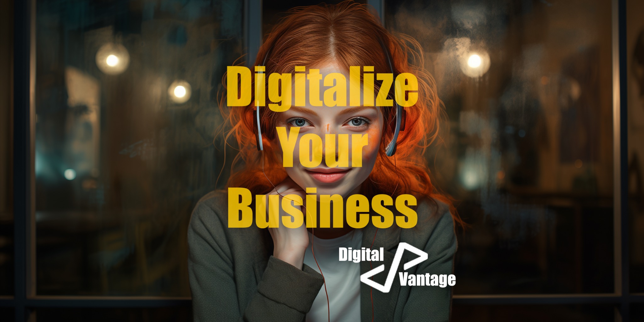 Kobieta z rudymi włosami w słuchawkach, z tekstem 'Digitalize Your Business' i logo 'Digital Vantage', widoczna przez okno z odbiciami świateł.