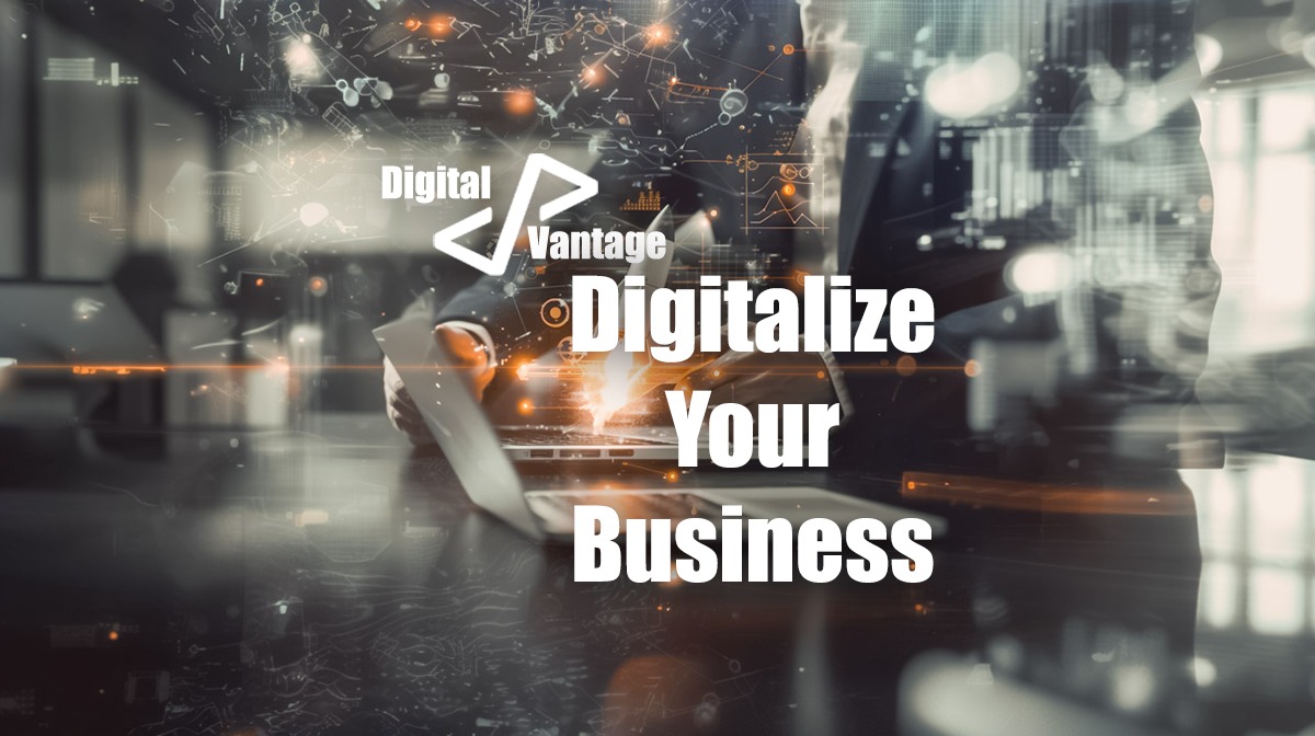 Mężczyzna w garniturze pracuje przy laptopie z nałożonymi grafikami i tekstem 'Digital Vantage Digitalize Your Business'.