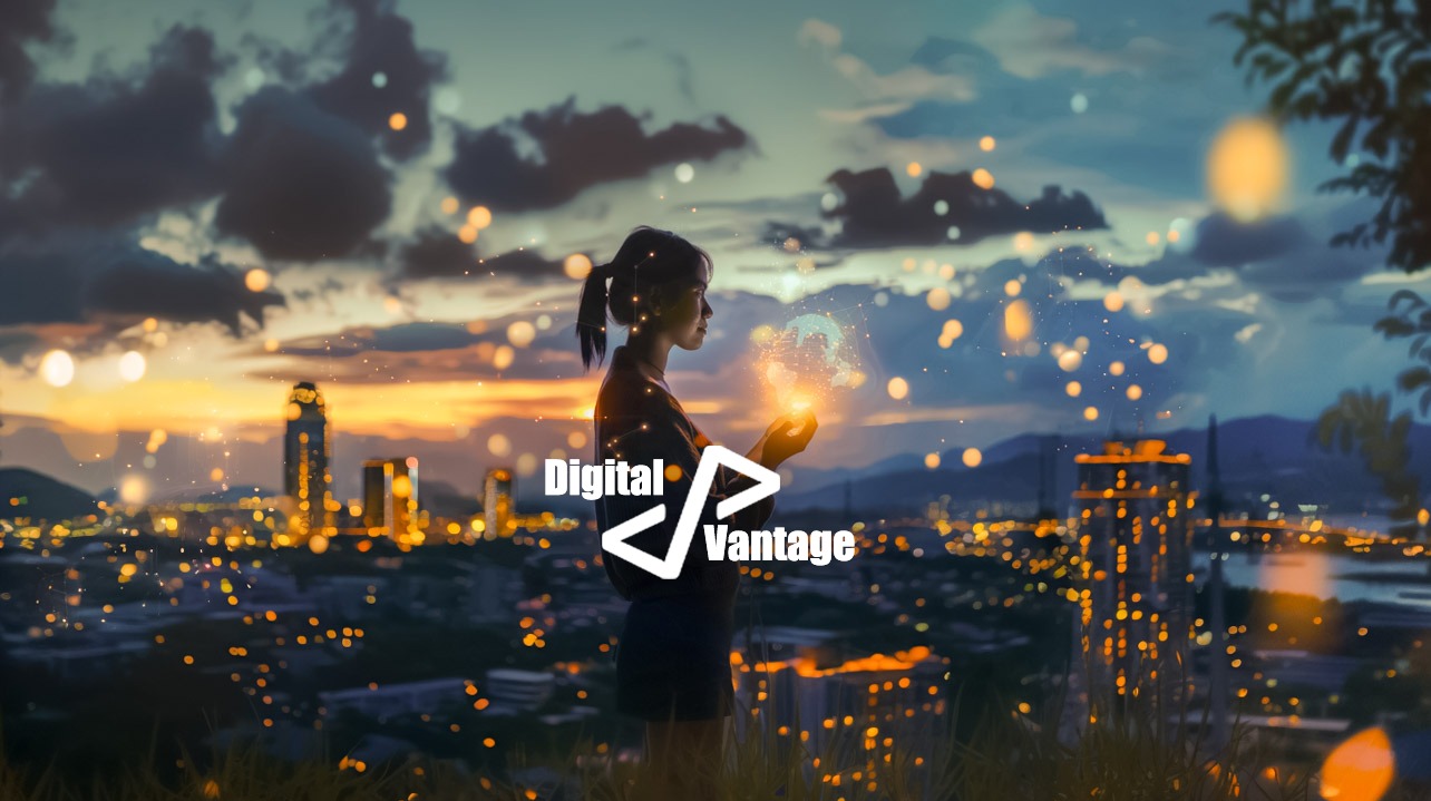 Kobieta trzymająca w dłoniach świecący model globu na tle nocnego miasta z logo Digital Vantage.