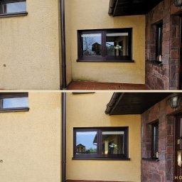 Hortus Michał Dombek - Porównanie elewacji budynku przed i po myciu, widoczne różnice w czystości tynku i okolic okien.