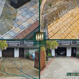 Hortus Michał Dombek - Porównanie kostki brukowej przed i po czyszczeniu, widoczne różnice w kolorze i usunięte zabrudzenia, na tle domu z garażem i ogrodem, z logo firmy Hortus.
