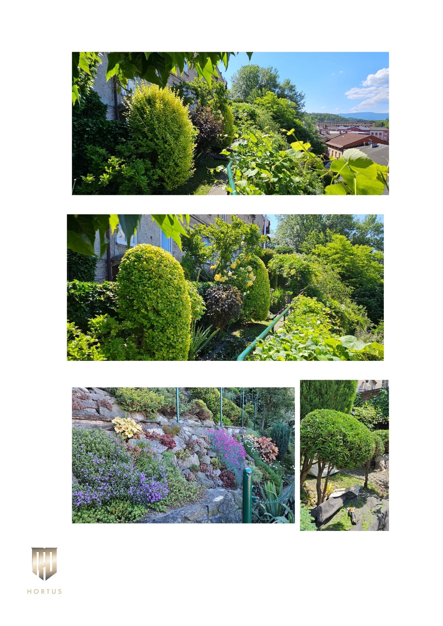 Kompozycja z czterech ujęć ogrodu: widok z góry na bujną roślinność i miasto w tle, zbliżenie na formowane krzewy i kwiaty na skalniaku, oraz małe drzewko po przycięciu z nożycami ogrodowymi obok.