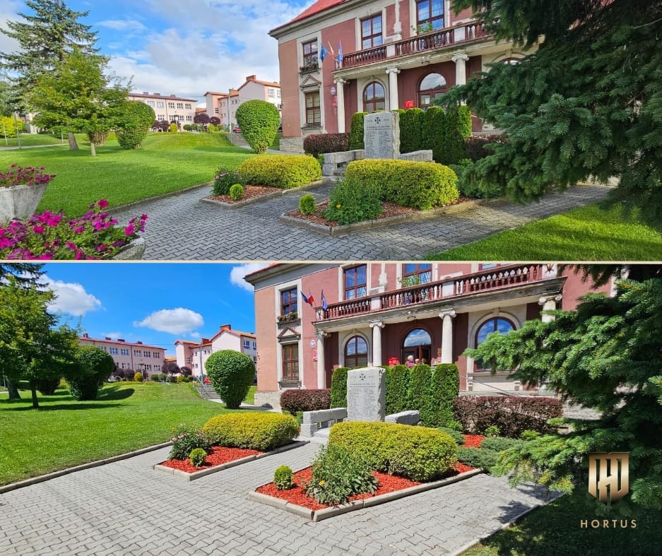 Ujęcie terenu zielonego przed budynkiem z elementami architektury krajobrazu, w tym równo przystrzyżone krzewy i rabaty kwiatowe, w tle budynek z balkonem i kolumnami.