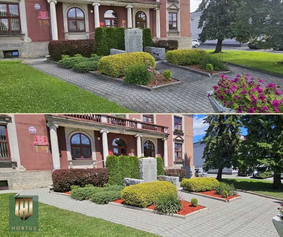 Przed i po: Uporządkowany teren zielony przed budynkiem z pomnikiem, obejmujący różnorodne krzewy ozdobne i rabaty kwiatowe, z widocznymi efektami pielęgnacji.