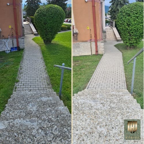 Porównanie kostki brukowej i schodów przed i po czyszczeniu w Goleszowie, z widoczną różnicą w zabrudzeniu i odświeżonym wyglądem.
