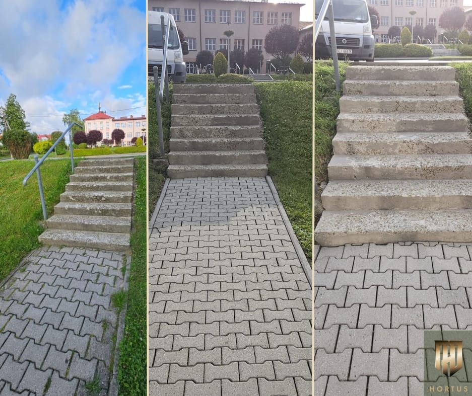Porównanie kostki brukowej i betonowych schodów przed i po czyszczeniu, widoczne różnice w kolorze i czystości na trzech panelach zdjęcia.