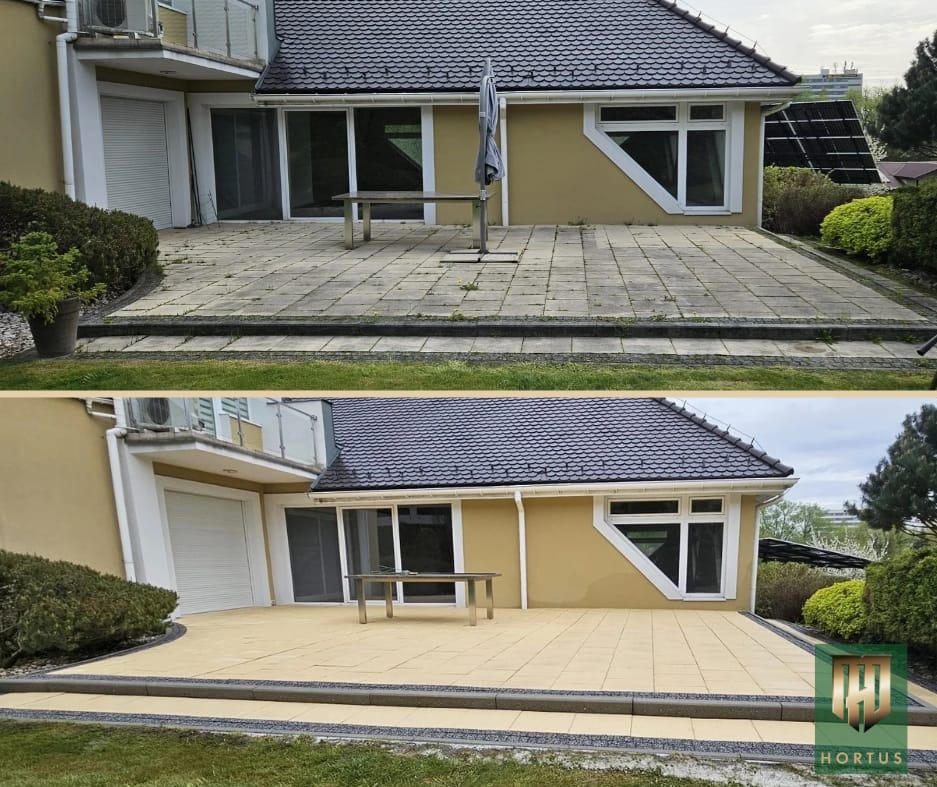 Porównanie stanu kostki brukowej przed i po czyszczeniu: widoczne usunięte zabrudzenia i odzyskany kolor, dom w tle.