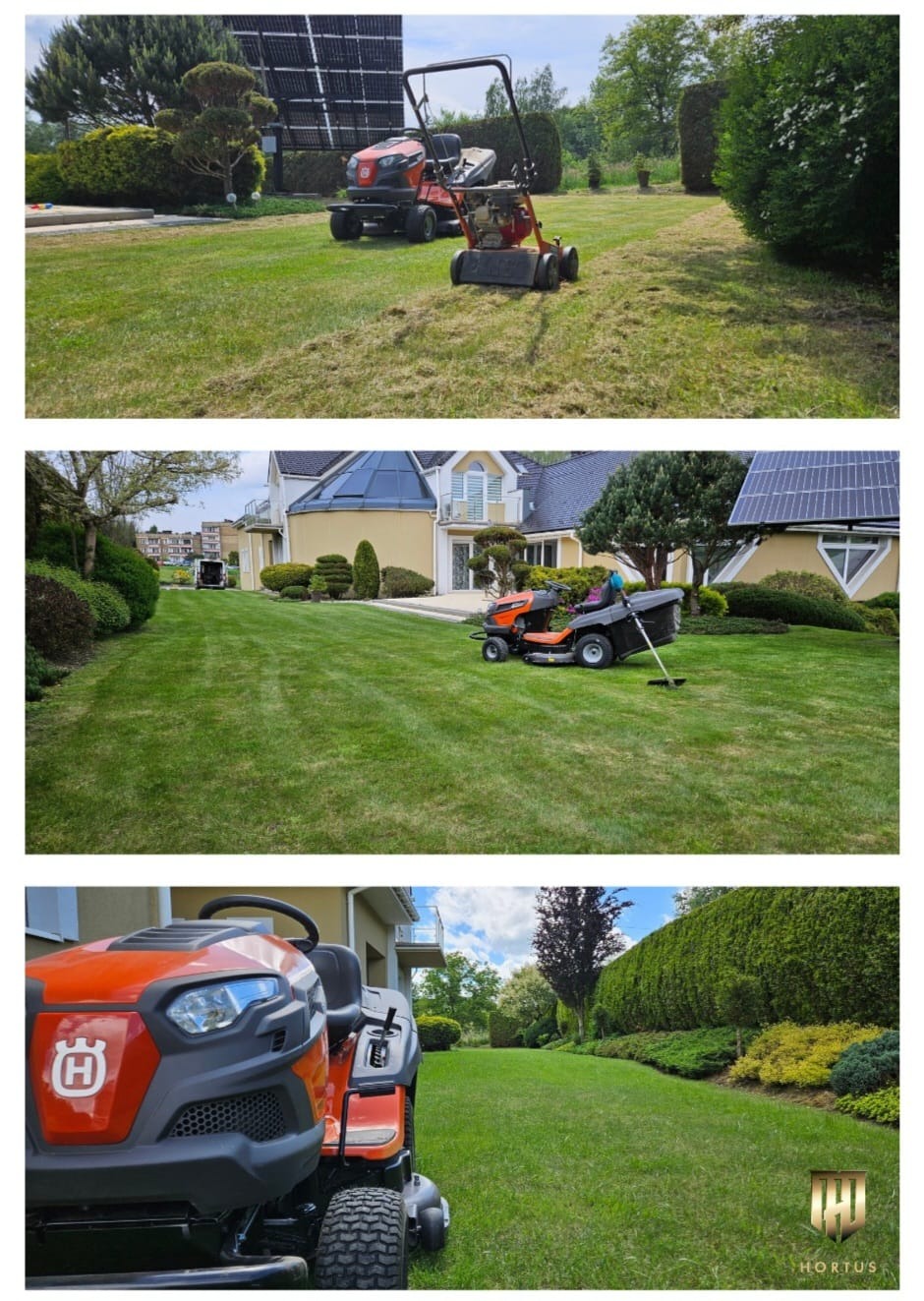 Szerokokątne ujęcie ogrodu z dwoma różnymi kosiarkami w trakcie pracy: jedna kosiarka samojezdna z koszem na trawę i druga kosiarka walcowa; w tle dom z panelami słonecznymi i ozdobnie przyciętymi...
