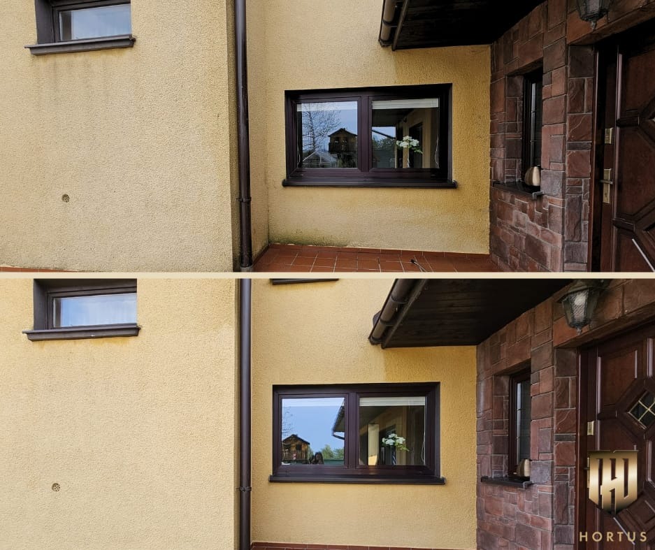 Porównanie elewacji budynku przed i po myciu, widoczne różnice w czystości tynku i okolic okien.