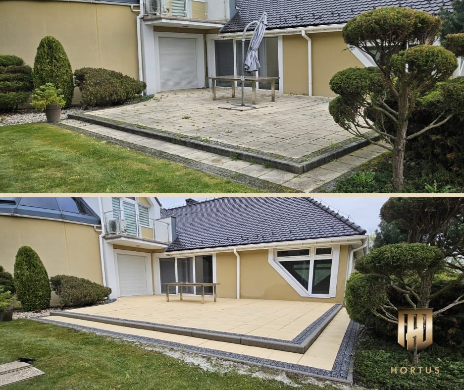 Porównanie stanu kostki brukowej przed i po czyszczeniu: zaniedbany taras z szarych płyt vs. odnowiony, jasny taras z obramowaniem z ciemnego grysu, na tle domu z zadbanym ogrodem.