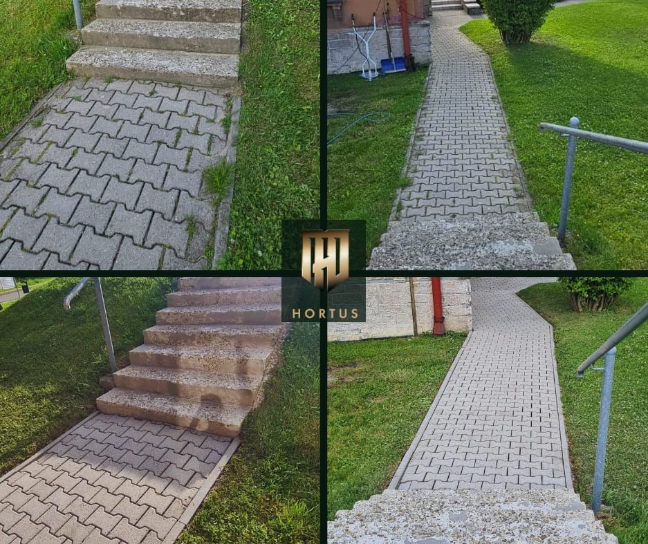 Kompozycja czterech ujęć kostki brukowej przed i po czyszczeniu, schody z kostki brukowej, widoczne resztki mchu i brudu na elementach przed czyszczeniem, wyraźna różnica w kolorze i czystości po...