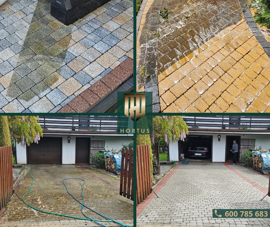 Porównanie kostki brukowej przed i po czyszczeniu, widoczne różnice w kolorze i usunięte zabrudzenia, na tle domu z garażem i ogrodem, z logo firmy Hortus.