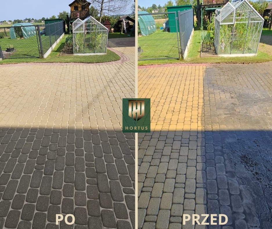 Porównanie stanu kostki brukowej przed i po czyszczeniu, widoczne różnice w kolorze i czystości, z logo firmy na środku kadru, w tle szklarnia i ogrodzenie.